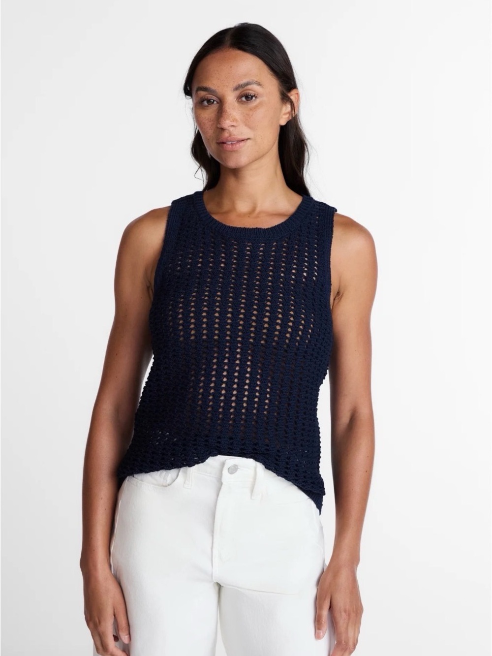 (279)Sleeveless Navy Crochet Knit Tank Top - Women's
